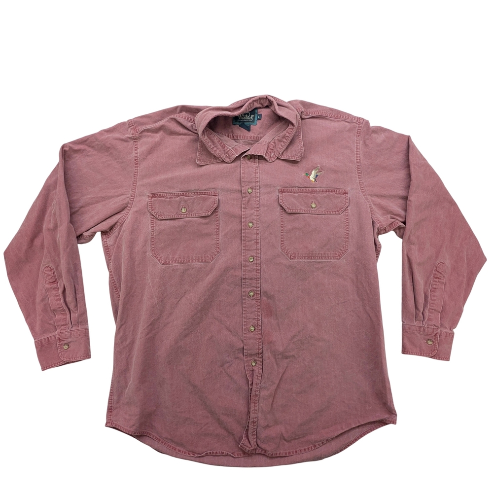 Woolrich Shirt Mens Large Embroidered Duck Pink Button Up 100% Cotton Outdoor